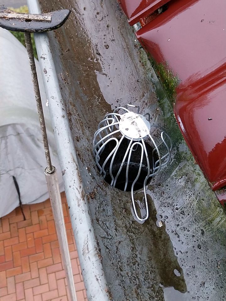 Gereinigte Dachrinne mit wieder eingesetztem Laubfangkorb